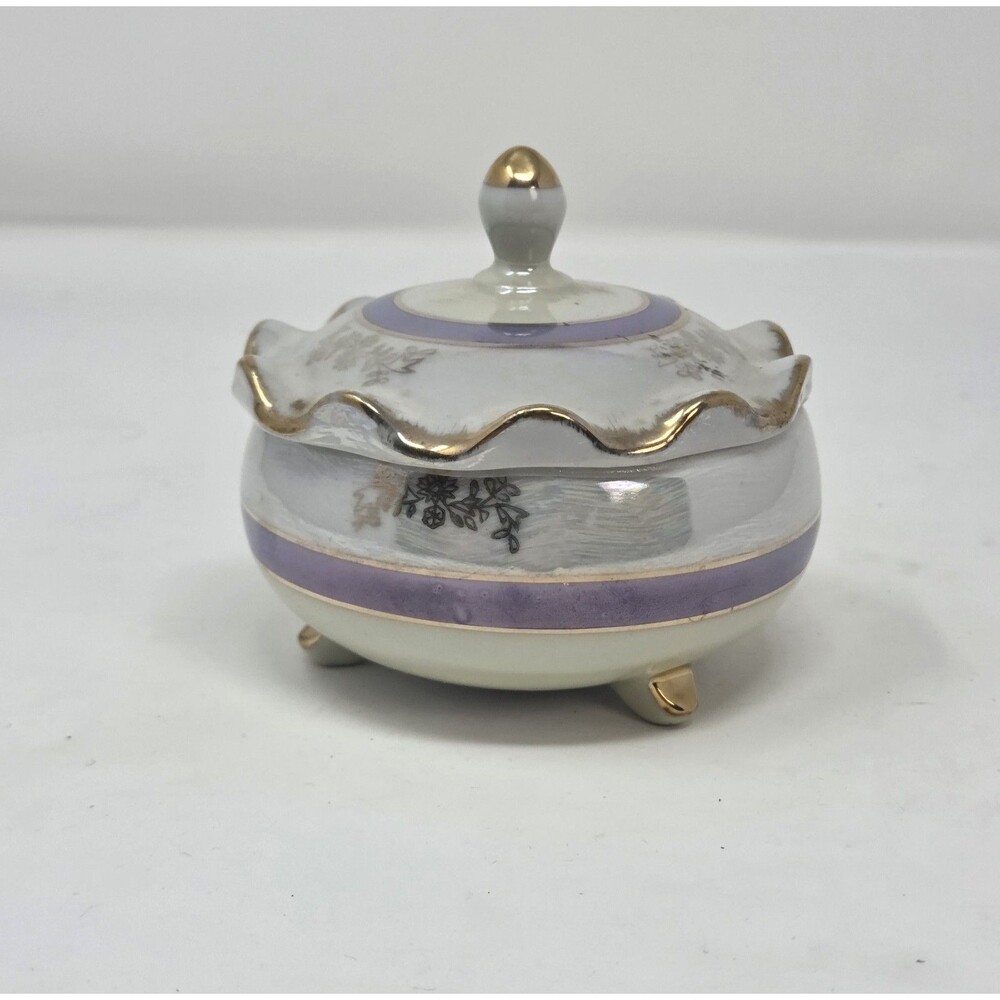 Diamond Fine China Korea Footed Trinket Box Lusterware Lavender‎ Gold Ruffle Lid